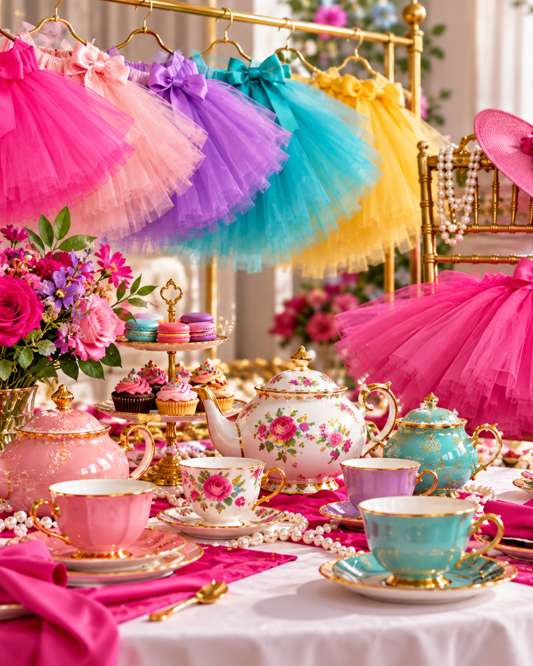 Colorful tutus, teacups and teapots for the Tutus and Teacups women and girls afternoon tea experience